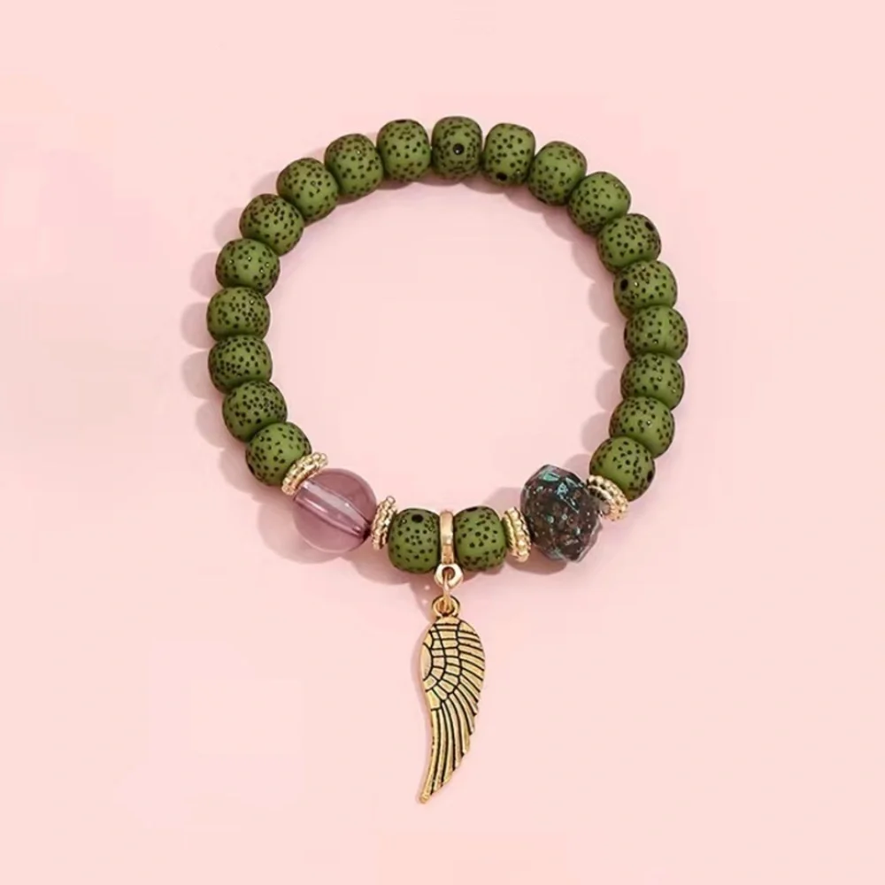 Green tassel and wing charm beaded‎ bracelet set